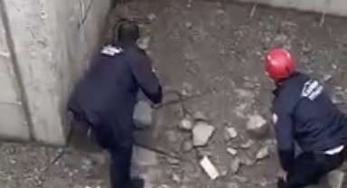 İnşaatın temeline düşen tilkinin yardımına itfaiye yetişti